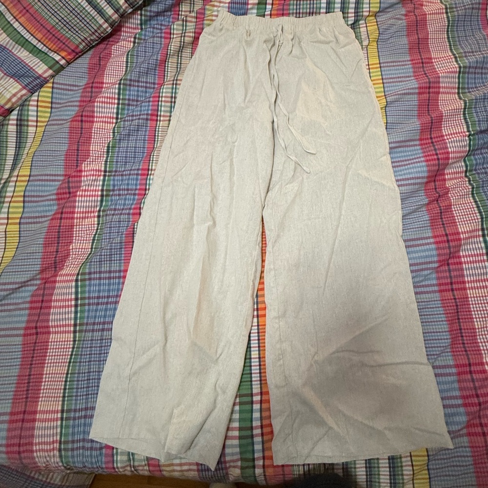 Tan Linen-Blend Pants